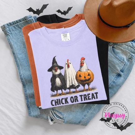Orchid tee with the farm chicken Halloween costume graphic