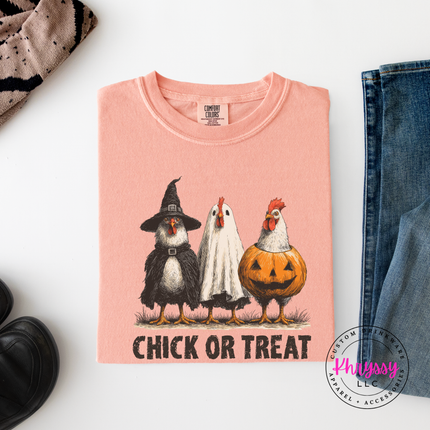 Peachy tee with the Chick or Treat Halloween chicken graphic