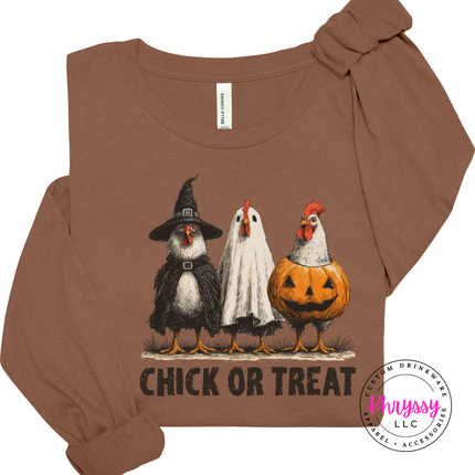 Chestnut colored Halloween hen tee featuring a witch, ghost, and pumpkin.