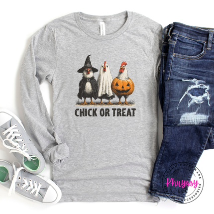 Athletic Heather long sleeve tee with the Chick or Treat Halloween chicken graphic