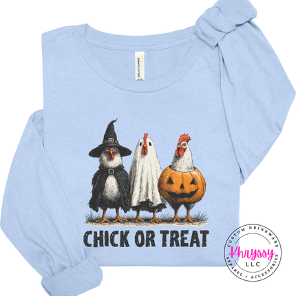Baby Blue long sleeve tee with the funny chickens in Halloween costumes design