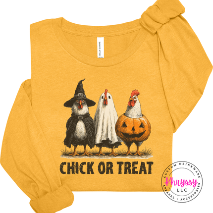 Mustard Chick Or Treat Halloween chicken tee outdoors.