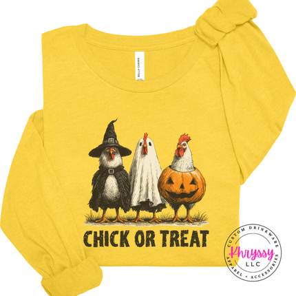Heather Yellow Gold long sleeve tee with the farm chicken Halloween costume graphic