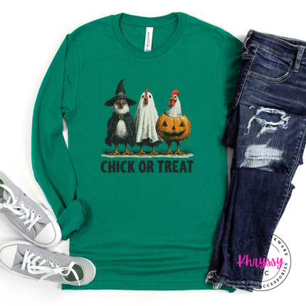 Kelly long sleeve tee with the Chick or Treat Halloween chicken graphic