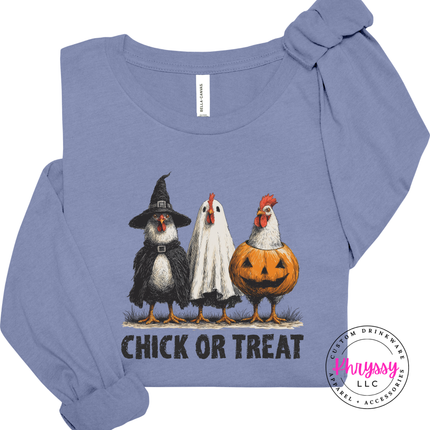Lavender Blue long sleeve tee with the funny chickens in Halloween costumes design
