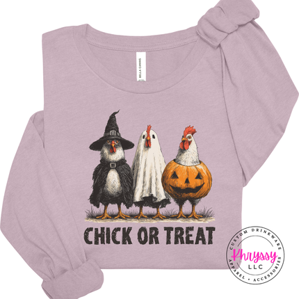 Light Violet long sleeve tee with the chick or treat costume chickens print