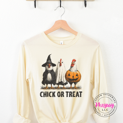 Natural yellow Chick Or Treat tee styled with jeans for fall.