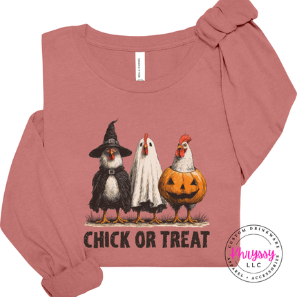 Mauve long sleeve tee with the farm chicken Halloween costume graphic