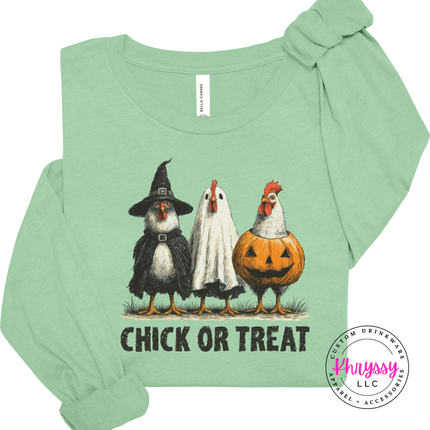 Mint long sleeve tee with the Chick or Treat Halloween chicken graphic