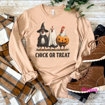 Sand dune Chick Or Treat tee with a funny chicken trio illustration.