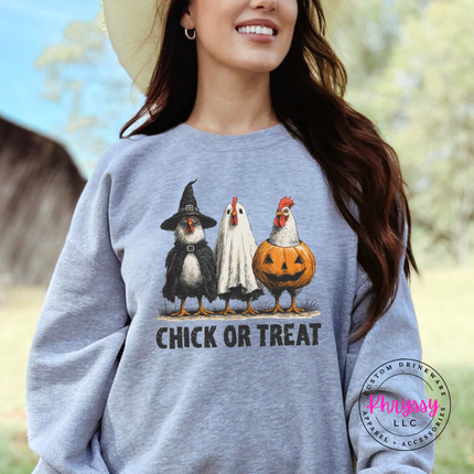 Sport grey crewneck sweatshirt with the Chick or Treat Halloween chicken graphic