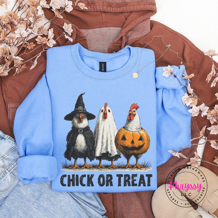 Carolina Blue crewneck sweatshirt with the funny chickens in Halloween costumes design