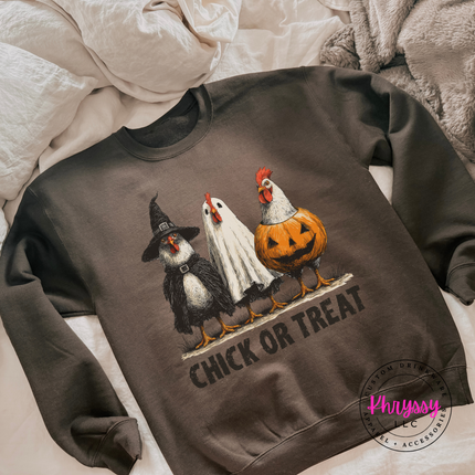 Dark chocolate crewneck sweatshirt featuring a witch, ghost, and pumpkin chicken design.