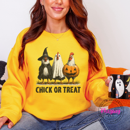 Gold crewneck sweatshirt with the chick or treat costume chickens print
