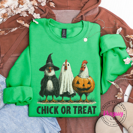 Irish Green crewneck sweatshirt with the Chick or Treat Halloween chicken graphic