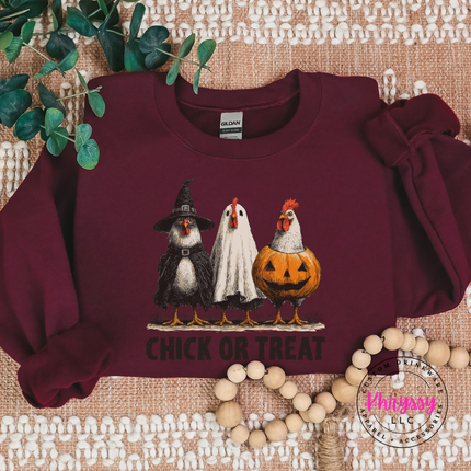 Maroon Chick Or Treat Halloween crewneck sweatshirt.