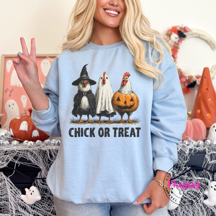 Light Blue crewneck sweatshirt with the funny chickens in Halloween costumes design