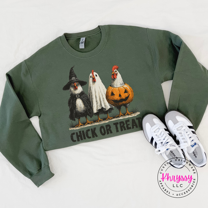 Forest green Halloween chicken crewneck styled with jeans for fall.
