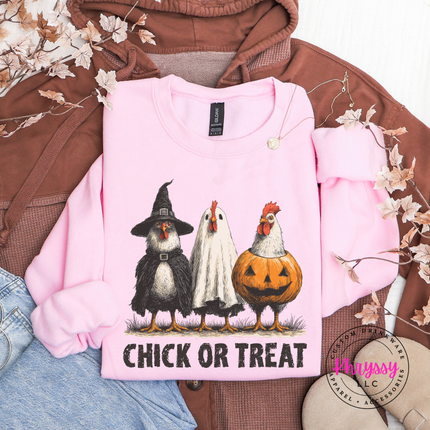 Light Pink crewneck sweatshirt with the chick or treat costume chickens print