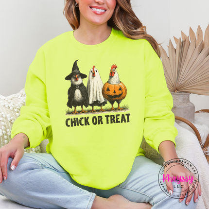 Safety Green crewneck sweatshirt with the farm chicken Halloween costume graphic