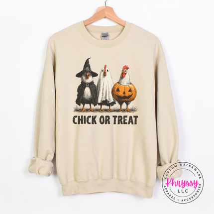 Sand crewneck sweatshirt with the funny chickens in Halloween costumes design
