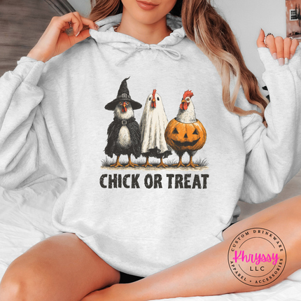 Ash hoodie with the Chick or Treat Halloween chicken graphic