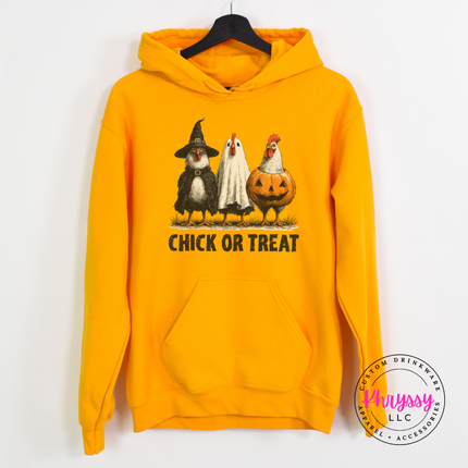Gold hoodie featuring a witch, ghost, and pumpkin chicken design.