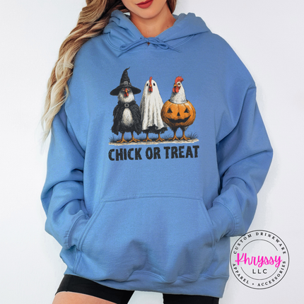 Carolina Blue hoodie with the chick or treat costume chickens print