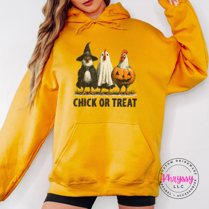Gold hoodie with the farm chicken Halloween costume graphic