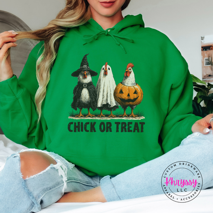 Irish Green hoodie with the Chick or Treat Halloween chicken graphic