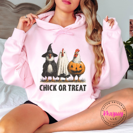 Light Pink hoodie with the funny chickens in Halloween costumes design