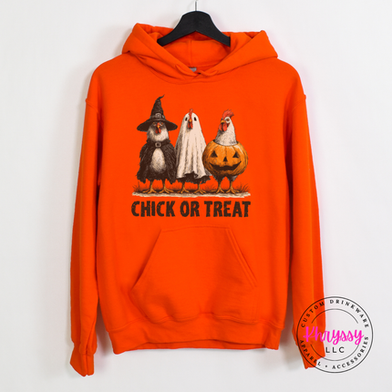 Orange Chick Or Treat hoodie perfect for cool autumn evenings.