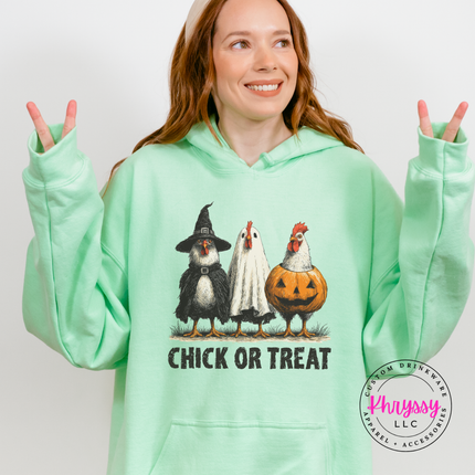 Mint Green hoodie with the chick or treat costume chickens print