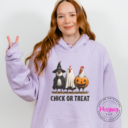 Orchid hoodie with the farm chicken Halloween costume graphic