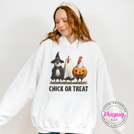 White green Halloween chicken hoodie styled with jeans for fall.