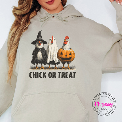 Sand hoodie with the Chick or Treat Halloween chicken graphic