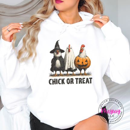 white hoodie with the funny chickens in Halloween costumes design