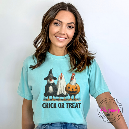 Chalky Mint tee with the farm chicken Halloween costume graphic