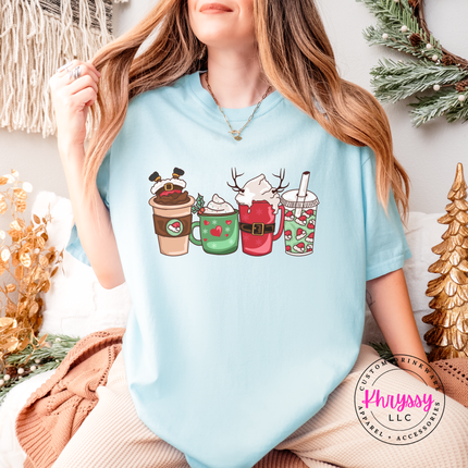 Chambray tee featuring a Santa latte and festive holiday drinks.
