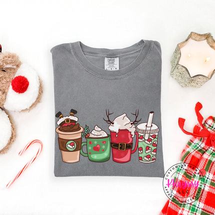 Close up of the Christmas coffee cups print on a Gray tee.