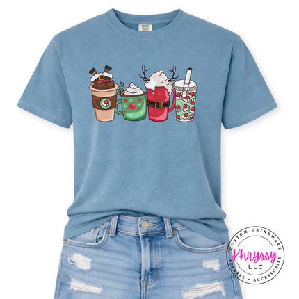 Ice Blue tee with four festive Christmas coffee cups and lattes.
