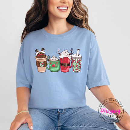 Washed Denim tee featuring a Santa latte and festive holiday drinks.