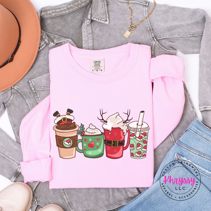 Holiday latte, cocoa mug and iced cup design on a Blossom long sleeve tee.
