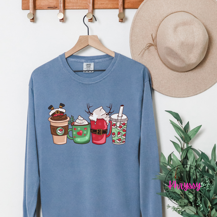 The Christmas coffee cups long sleeve tee in Blue Jean.