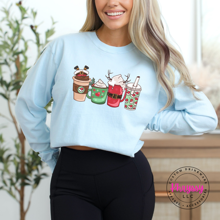 Chambray long sleeve tee featuring a Santa latte and festive holiday drinks.
