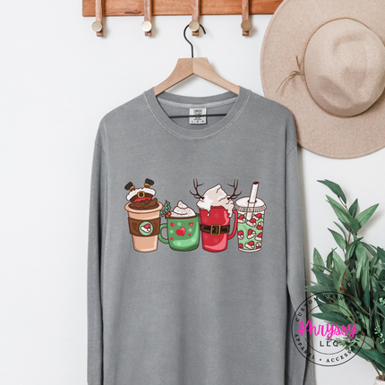 Close up of the Christmas coffee cups print on a Gray long sleeve tee.
