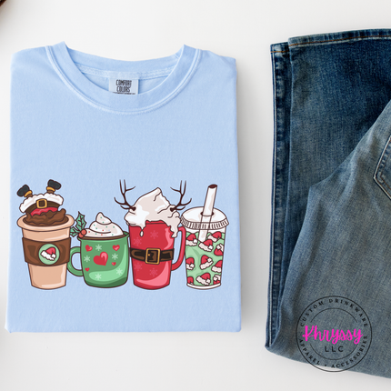 Hydrangea long sleeve tee with four festive Christmas coffee cups and lattes.
