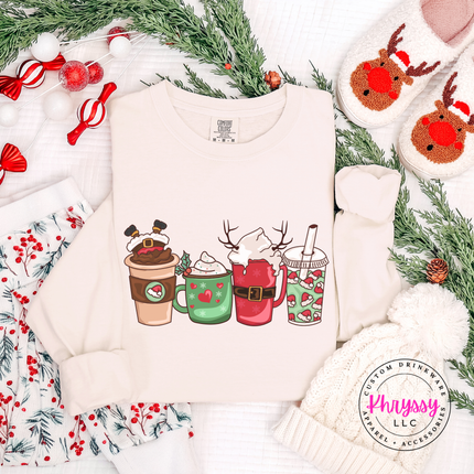 The Christmas coffee cups long sleeve tee in Ivory.
