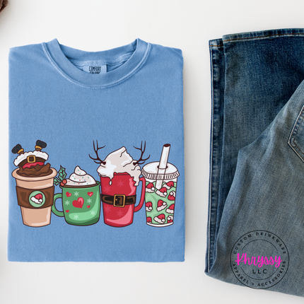 Washed Denim long sleeve tee featuring a Santa latte and festive holiday drinks.