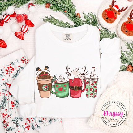 Close up of the Christmas coffee cups print on a White long sleeve tee.
